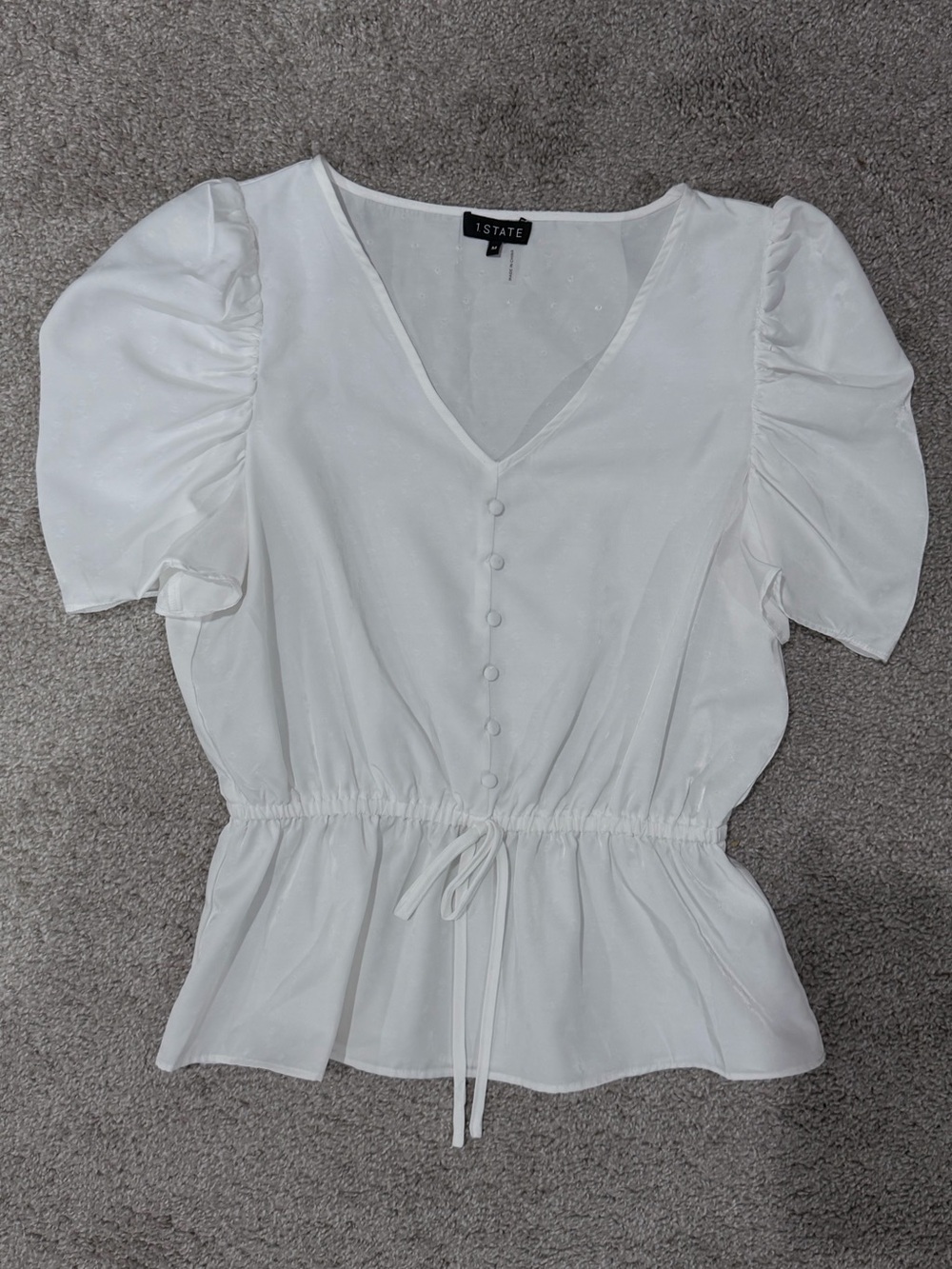 1. State White Puff-Sleeve Button Front Peplum Blouse